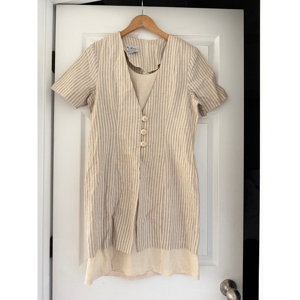 Vintage 90s Linen Striped Classic‎ Midi Dress Retro Minimalist
